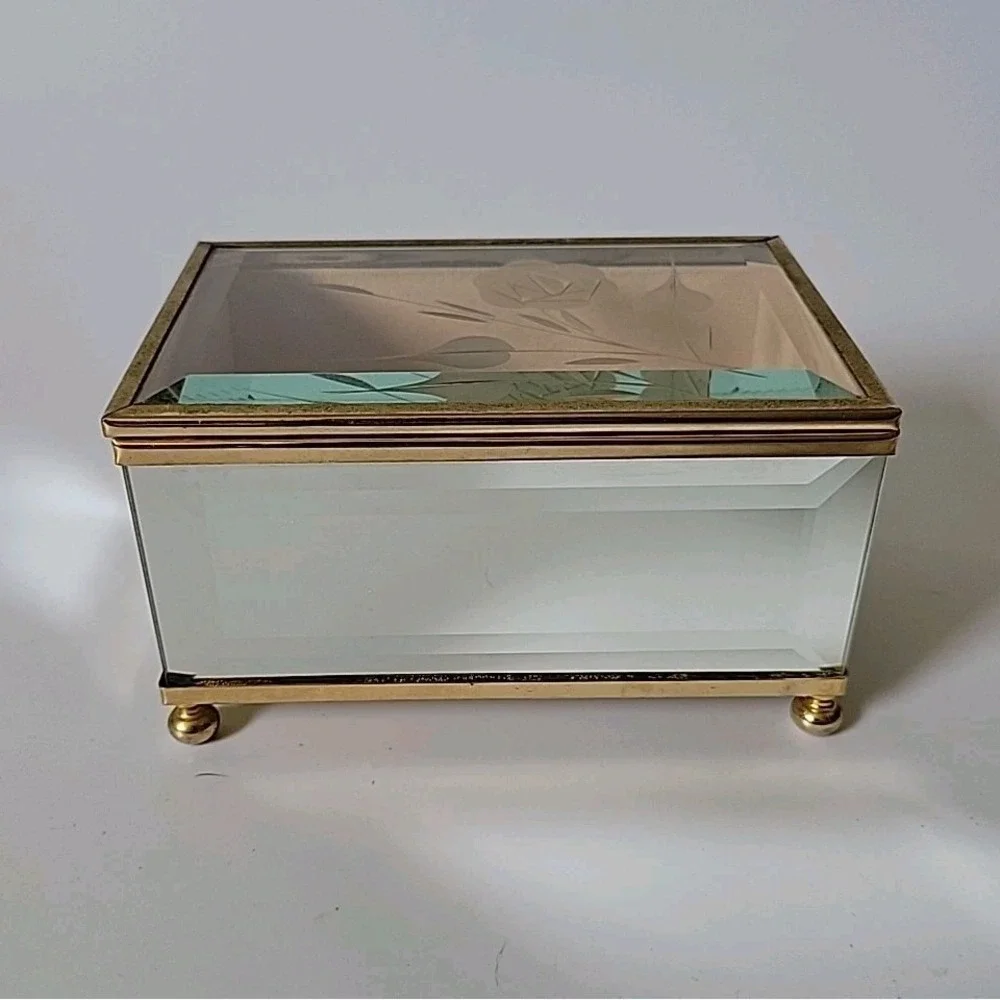 Vintage Beveled Mirrored‎ Glass Brass Trim Trinket Jewelry Box Etched Floral Lid